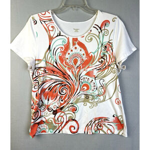 Tan-Jay Top Women M Petite White Pink Embellished Sparkly Artsy Casual Comfort